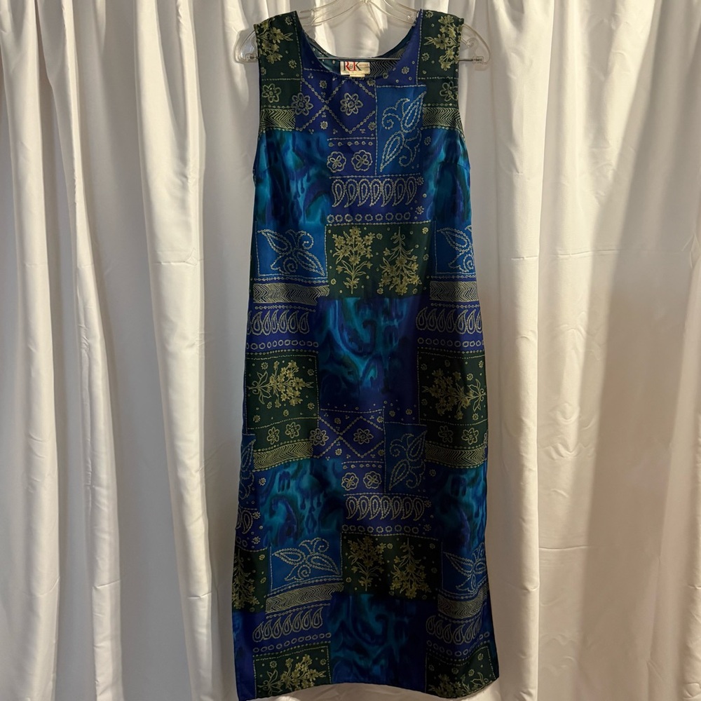 R&K Originals Patchwork Midi Dress in Blue and Green - Size 10